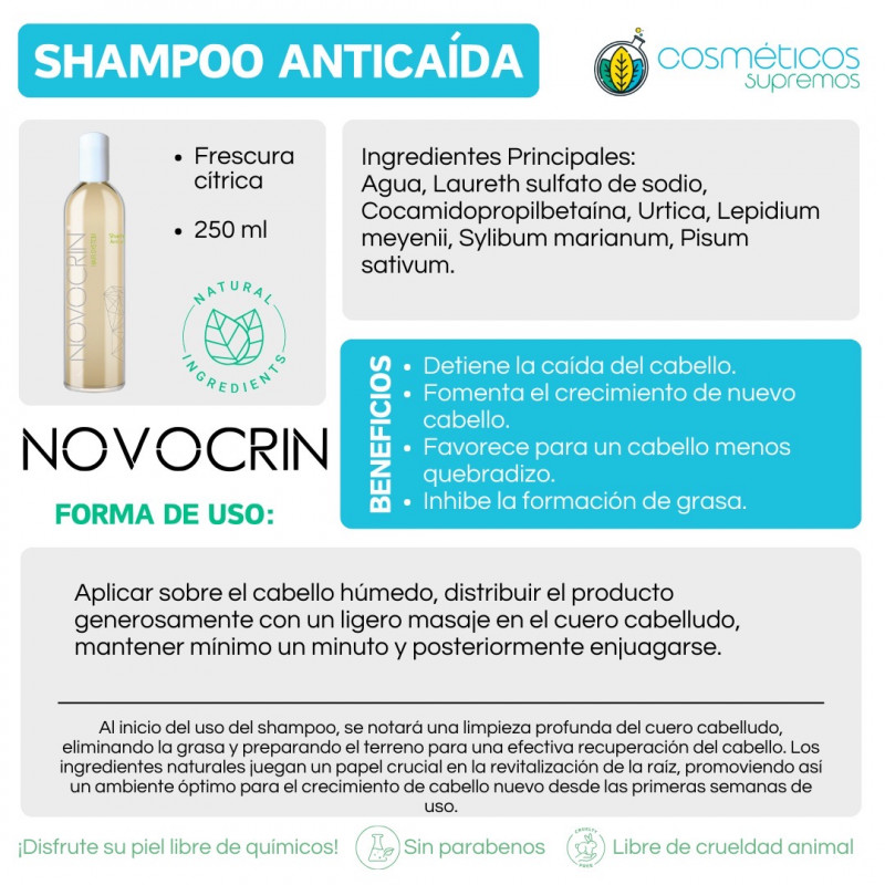 NOVOCRIN SHAMPOO - Anticaída, Inhibidor de grasa, Tecnología anti-irritación, Sin efectos secundarios, Unisex - 250 ml